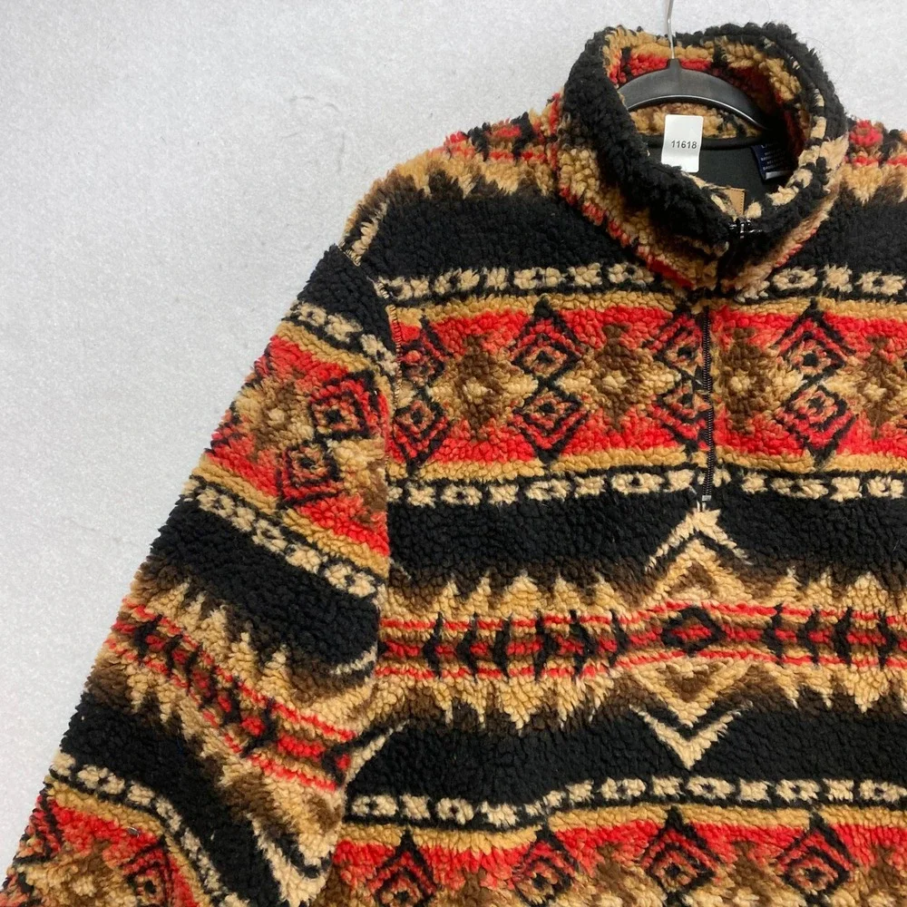 Wrangler Jacket Mens L Black Red Southwestern Aztec Quarter Zip Sherpa Fleece